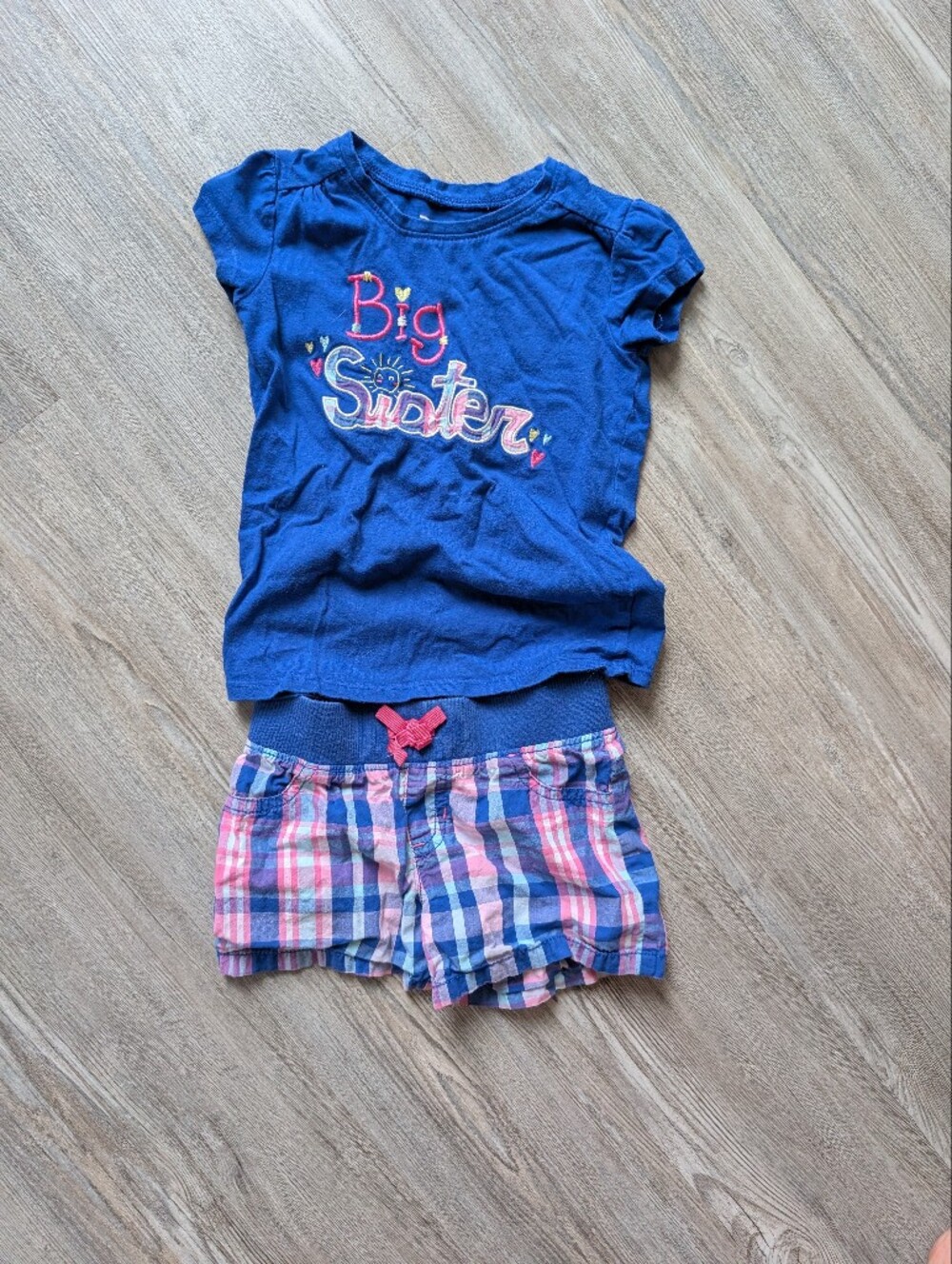 Blue 'Big Sister' Graphic Top with Pink Plaid Shorts, 3T